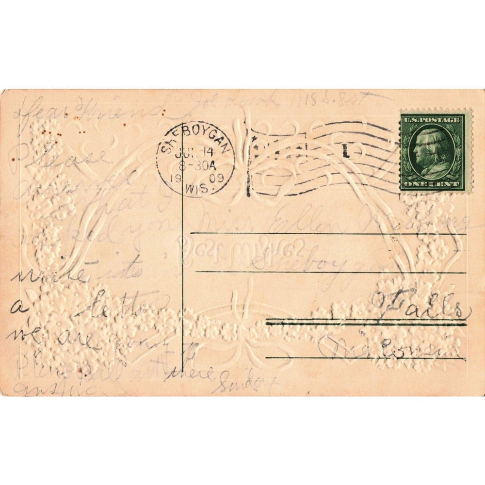 Vtg 1909 Embossed Best Wishes Postcard RPPC Era Sheboygan WI Franklin 1c - Picture 2 of 2